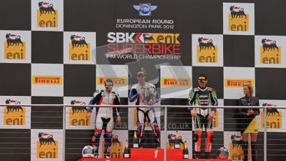 © Octane Photographic Ltd 2012. World Superbike Championship – European GP – Donington Park, Sunday 13th May 2012. Race 1 Podium. Marco Melandri, Leoon Haslam and Tom Sykes on the podium. Digital Ref : 0335lw7d7527