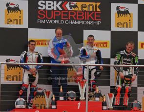 © Octane Photographic Ltd 2012. World Superbike Championship – European GP – Donington Park, Sunday 13th May 2012. Race 1 Podium. Marco Melandri, Leoon Haslam and Tom Sykes on the podium. Digital Ref : 0335lw7d7559