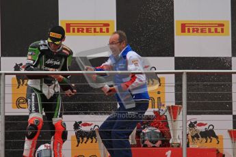 © Octane Photographic Ltd 2012. World Superbike Championship – European GP – Donington Park, Sunday 13th May 2012. Race 1 Podium. BMW team boss celebrates their 1st ever SBK win. Digital Ref : 0335lw7d7589