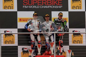 © Octane Photographic Ltd 2012. World Superbike Championship – European GP – Donington Park, Sunday 13th May 2012. Race 1 Podium. Marco Melandri, Leoon Haslam and Tom Sykes on the podium. Digital Ref : 0335lw7d7595