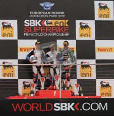 © Octane Photographic Ltd 2012. World Superbike Championship – European GP – Donington Park, Sunday 13th May 2012. Race 1 Podium. Marco Melandri, Leoon Haslam and Tom Sykes on the podium. Digital Ref : 0335lw7d7601
