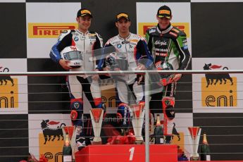 © Octane Photographic Ltd 2012. World Superbike Championship – European GP – Donington Park, Sunday 13th May 2012. Race 1 Podium. Marco Melandri, Leoon Haslam and Tom Sykes on the podium. Digital Ref : 0335lw7d7616