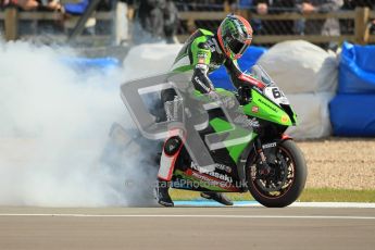 © Octane Photographic Ltd 2012. World Superbike Championship – European GP – Donington Park, Sunday 13th May 2012. Race 2. Tom Sykes performs a burnout for his fans. Digital Ref : 0337cb1d5889