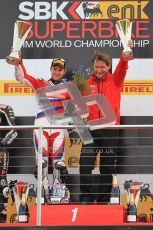 © Octane Photographic Ltd 2012. World Superbike Championship – European GP – Donington Park, Sunday 13th May 2012. Race 2. Jonathan Rea and team Boss on the top step of the podium. Digital Ref : 0337cb1d5988