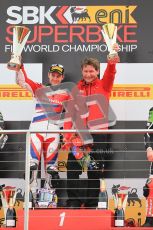 © Octane Photographic Ltd 2012. World Superbike Championship – European GP – Donington Park, Sunday 13th May 2012. Race 2. Jonathan Rea and team Boss on the top step of the podium. Digital Ref : 0337cb1d5996