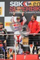 © Octane Photographic Ltd 2012. World Superbike Championship – European GP – Donington Park, Sunday 13th May 2012. Race 2. Jonathan Rea and team Boss on the top step of the podium. Digital Ref : 0337cb1d5999