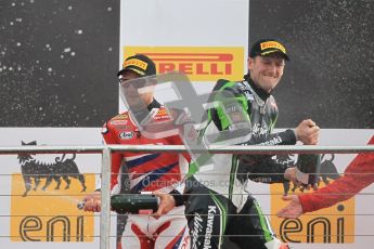 © Octane Photographic Ltd 2012. World Superbike Championship – European GP – Donington Park, Sunday 13th May 2012. Race 2. Jonathan Rea and Tom Sykes celebrate on the podium. Digital Ref : 0337cb1d6034