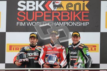 © Octane Photographic Ltd 2012. World Superbike Championship – European GP – Donington Park, Sunday 13th May 2012. Race 2. Jonathan Rea, Max Biaggi and Tom Sykes on the podium. Digital Ref : 0337cb1d6067