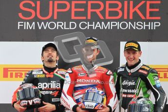 © Octane Photographic Ltd 2012. World Superbike Championship – European GP – Donington Park, Sunday 13th May 2012. Race 2. Jonathan Rea, Max Biaggi and Tom Sykes on the podium. Digital Ref : 0337cb1d6072