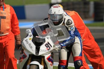 © Octane Photographic Ltd 2012. World Superbike Championship – European GP – Donington Park, Sunday 13th May 2012. Leon Haslam pushed his bike across the line to take 15th place after having lead the race into the final corner. Race 2. Digital Ref : 0337lw7d8557