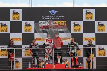 © Octane Photographic Ltd 2012. World Superbike Championship – European GP – Donington Park, Sunday 13th May 2012. Race 2. Jonathan Rea, Max Biaggi and Tom Sykes on the podium. Digital Ref : 0337lw7d8705