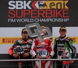 © Octane Photographic Ltd 2012. World Superbike Championship – European GP – Donington Park, Sunday 13th May 2012. Race 2. Jonathan Rea, Max Biaggi and Tom Sykes on the podium. Digital Ref : 0337lw7d8765
