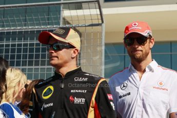 World © Octane Photographic Ltd. F1 USA GP, Austin, Texas, Circuit of the Americas (COTA), Sunday 17th November 2013 - Drivers' parade. Lotus F1 Team E21 – Heikki Kovalainen and Vodafone McLaren Mercedes MP4/28 - Jenson Button. Digital Ref : 0860lw1d2340