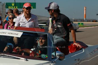 World © Octane Photographic Ltd. F1 USA GP, Austin, Texas, Circuit of the Americas (COTA), Sunday 17th November 2013 - Drivers' parade. Scuderia Toro Rosso STR8 - Jean-Eric Vergne and Vodafone McLaren Mercedes MP4/28 - Jenson Button. Digital Ref : 0860lw1d2485