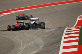 World © Octane Photographic Ltd. F1 USA GP, Austin, Texas, Circuit of the Americas (COTA), Sunday 17th November 2013 - Race. Vodafone McLaren Mercedes MP4/28 - Jenson Button, Scuderia Toro Rosso STR8 - Jean-Eric Vergne and Williams FW35 - Pastor Maldonado. Digital Ref : 0861lw1d2739