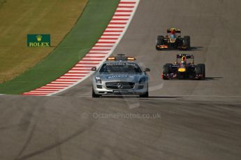 World © Octane Photographic Ltd. F1 USA GP, Austin, Texas, Circuit of the Americas (COTA), Sunday 17th November 2013 - Race. The Mercedes AMG SLS Safety car ahead of Vettel and Grosjean. Digital Ref : 0861lw1d2759