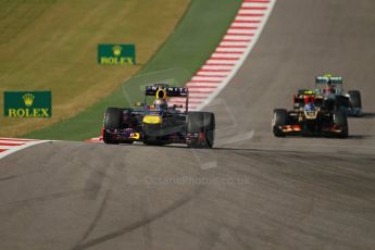 World © Octane Photographic Ltd. F1 USA GP, Austin, Texas, Circuit of the Americas (COTA), Sunday 17th November 2013 - Race. Infiniti Red Bull Racing RB9 - Sebastian Vettel, Lotus F1 Team E21 - Romain Grosjean and Mercedes AMG Petronas F1 W04 – Lewis Hamilton. Digital Ref : 0861lw1d2760