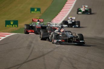 World © Octane Photographic Ltd. F1 USA GP, Austin, Texas, Circuit of the Americas (COTA), Sunday 17th November 2013 - Race. Sauber C32 - Nico Hulkenberg and Vodafone McLaren Mercedes MP4/28 - Sergio Perez. Digital Ref : 0861lw1d2824