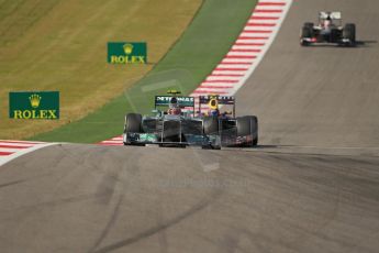 World © Octane Photographic Ltd. F1 USA GP, Austin, Texas, Circuit of the Americas (COTA), Sunday 17th November 2013 - Race. Mercedes AMG Petronas F1 W04 – Lewis Hamilton and Infiniti Red Bull Racing RB9 - Mark Webber. Digital Ref : 0861lw1d2876