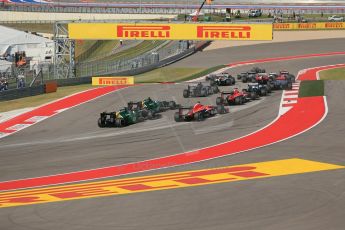 World © Octane Photographic Ltd. F1 USA GP, Austin, Texas, Circuit of the Americas (COTA), Sunday 17th November 2013 - Race. The pack safely heads around turn 1. Digital Ref : 0861lw1d5926