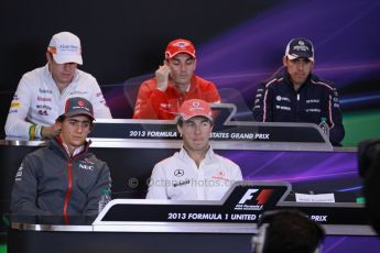 World © Octane Photographic Ltd. USA F1 Grand Prix, Austin, Texas, Circuit of the Americas (COTA). FIA Press Conference, Thursday 14th November 2013. Paul di Resta - Sahara Force India, Jules Bianchi - Marussia, Pastor Maldonado - Williams, Esteban Gutierrez – Sauber F1 Team, Sergio Perez - Vodafone McLaren Mercedes and the missing Heikki Kovalainen - Lotus F1 Team. Digital Ref : 0851lw1d1047