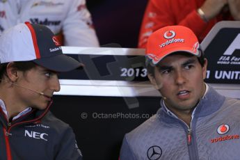 World © Octane Photographic Ltd. USA F1 Grand Prix, Austin, Texas, Circuit of the Americas (COTA). FIA Press Conference, Thursday 14th November 2013. Sergio Perez – Vodafone McLaren Mercedes and Esteban Gutierrez - Sauber F1 team. Digital Ref : 0851lw1d2342