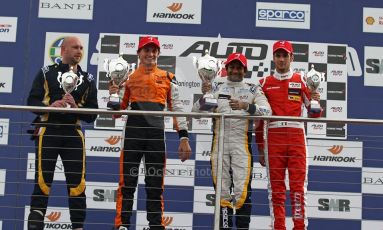 World © Octane Photographic Ltd./Carl Jones. Sunday September 1st 2013, AutoGP Race 2, Donington Park - Narain Karthikeyan (1st) - Super Nova, Kevin Giovesi (2nd) Ghinzani Motorsort, and Meindert van Buuren (3rd) - Manor MP Motorsport. Digital Ref : 0807cj7d4646