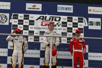 World © Octane Photographic Ltd./Carl Jones. Sunday September 1st 2013, AutoGP Race 1, Donington Park - Vittorio Ghirell (1st) and Narain Karthikeyan (3rd) , Super Nova, Kevin Giovesi (2nd) - Ghinzani Motorsport. Digital Ref : 0804cj7d3920