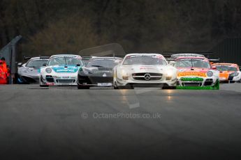 World © Octane Photographic Ltd. Avon Tyres British GT Championship. Monday 1st April 2013 Oulton Park – Race 1. The Mercedes-Benz SLS AMG GT3 of Fortec Motorsports driven by Benjo Hetherington and Ollie Hancock leads the pack. Digtal Ref : 0623ce1d8742