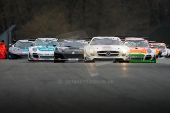 World © Octane Photographic Ltd. Avon Tyres British GT Championship. Monday 1st April 2013 Oulton Park – Race 1. The Mercedes-Benz SLS AMG GT3 of Fortec Motorsports driven by Benjo Hetherington and Ollie Hancock leads the pack. Digtal Ref : 0623ce1d8743