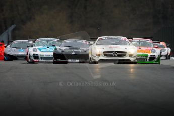 World © Octane Photographic Ltd. Avon Tyres British GT Championship. Monday 1st April 2013 Oulton Park – Race 1. The Mercedes-Benz SLS AMG GT3 of Fortec Motorsports driven by Benjo Hetherington and Ollie Hancock leads the pack. Digtal Ref : 0623ce1d8744