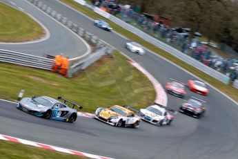 World © Octane Photographic Ltd. Avon Tyres British GT Championship. Monday 1st April 2013 Oulton Park – Race 1. The McLaren MP4-12C GT3 – Preci-Spark Engineering of David Jones and Godfrey Jones leand the Ginetta G55 GT3 – Ginetta UK Ltd. entry of Mike Simpson and Richard Sykes and the rest of the local pack. Digital Ref : 0623ce1d9058