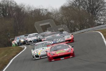 World © Octane Photographic Ltd. Avon Tyres British GT Championship. Monday 1st April 2013 Oulton Park – Race 2. Ferrari 458 Italia – Rosso Verde – Hector Lester, Allan Simonsen and Porsche 997 GT3-R – Trackspeed - Nick Tandy, David Ashburn lead the pack. Digital Ref : 0625ce1d9489