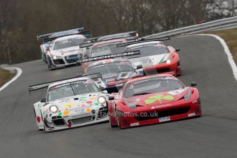 World © Octane Photographic Ltd. Avon Tyres British GT Championship. Monday 1st April 2013 Oulton Park – Race 2. Ferrari 458 Italia – Rosso Verde – Hector Lester, Allan Simonsen and Porsche 997 GT3-R – Trackspeed - Nick Tandy, David Ashburn lead the pack. Digital Ref : 0625ce1d9491