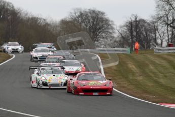 World © Octane Photographic Ltd. Avon Tyres British GT Championship. Monday 1st April 2013 Oulton Park – Race 2. Ferrari 458 Italia – Rosso Verde – Hector Lester, Allan Simonsen and Porsche 997 GT3-R – Trackspeed - Nick Tandy, David Ashburn lead the pack. Digital Ref : 0625ce1d9494