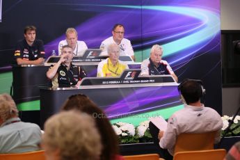 World © Octane Photographic Ltd. F1 Belgian GP - Spa - Francorchamps. Friday 23rd August 2013. FIA Friday Press Conference. James Key - Scuderia Toro Rosso, Andrew Green - Sahara Force India, Tom McCullough - Sauber F1 Team, Nick Chester - Lotus F1 Team, Jean-Michel Jalinier - Renault Sport and Pat Symonds - Williams. Digital Ref : 0789lw1d5089