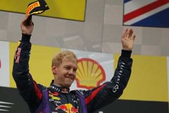 World © Octane Photographic Ltd. F1 Belgian GP - Spa-Francorchamps, Sunday 25th August 2013 - Podium. Infiniti Red Bull Racing RB9 - race winner Sebastian Vettel. Digital Ref : 0798lw1d0672