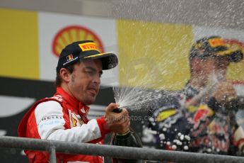 World © Octane Photographic Ltd. F1 Belgian GP - Spa-Francorchamps, Sunday 25th August 2013 - Podium. Scuderia Ferrari F138 - Fernando Alonso celebrates his 2nd place. Digital Ref : 0798lw1d0768