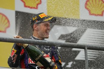 World © Octane Photographic Ltd. F1 Belgian GP - Spa-Francorchamps, Sunday 25th August 2013 - Podium. Infiniti Red Bull Racing RB9 - race winner Sebastian Vettel. Digital Ref : 0798lw1d0793