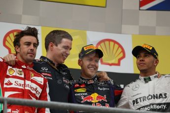 World © Octane Photographic Ltd. F1 Belgian GP - Spa-Francorchamps, Sunday 25th August 2013 - Podium. Infiniti Red Bull Racing RB9 - race winner Sebastian Vettel, Scuderia Ferrari F138 - Fernando Alonso (2nd) . and Mercedes AMG Petronas F1 W04 – Lewis Hamilton (3rd) on the podium. Digital Ref : 0798lw1d0821