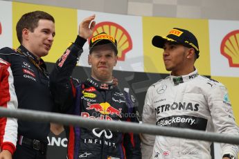 World © Octane Photographic Ltd. F1 Belgian GP - Spa-Francorchamps, Sunday 25th August 2013 - Podium. Infiniti Red Bull Racing RB9 - race winner Sebastian Vettel and Mercedes AMG Petronas F1 W04 – Lewis Hamilton (3rd). Digital Ref : 0798lw1d0845