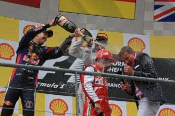 World © Octane Photographic Ltd. F1 Belgian GP - Spa-Francorchamps, Sunday 25th August 2013 - Podium. Infiniti Red Bull Racing RB9 - race winner Sebastian Vettel, Scuderia Ferrari F138 - Fernando Alonso. and Mercedes AMG Petronas F1 W04 – Lewis Hamilton celebrate on the podium. Digital Ref : 0798lw1d0923