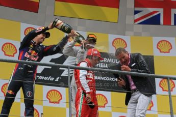 World © Octane Photographic Ltd. F1 Belgian GP - Spa-Francorchamps, Sunday 25th August 2013 - Podium. Infiniti Red Bull Racing RB9 - race winner Sebastian Vettel, Scuderia Ferrari F138 - Fernando Alonso. and Mercedes AMG Petronas F1 W04 – Lewis Hamilton celebrate on the podium. Digital Ref : 0798lw1d0925
