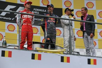 World © Octane Photographic Ltd. F1 Belgian GP - Spa-Francorchamps, Sunday 25th August 2013 - Podium. Infiniti Red Bull Racing RB9 - race winner Sebastian Vettel, Scuderia Ferrari F138 - Fernando Alonso. and Mercedes AMG Petronas F1 W04 – Lewis Hamilton on the podium. Digital Ref : 0798lw1d0956
