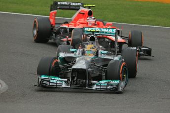 World © Octane Photographic Ltd. F1 Belgian GP - Spa-Francorchamps, Saturday 24th August 2013 - Practice 3. Mercedes AMG Petronas F1 W04 – Lewis Hamilton and Marussia F1 Team MR02 - Max Chilton. Digital Ref : 0792lw1d8927