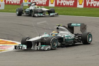 World © Octane Photographic Ltd. F1 Belgian GP - Spa-Francorchamps, Sunday 25th August 2013 - Race. Mercedes AMG Petronas F1 W04 – Lewis Hamilton and Nico Rosberg. Digital Ref :