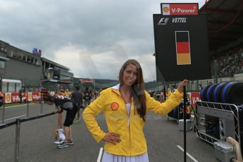 World © Octane Photographic Ltd. F1 Belgian GP - Spa-Francorchamps, Sunday 25th August 2013 - Race Build up. Infiniti Red Bull Racing RB9 - Sebastian Vettel's grid girl. Digital Ref :