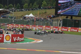 World © Octane Photographic Ltd. F1 Belgian GP - Spa-Francorchamps, Sunday 25th August 2013 - Race. Mercedes AMG Petronas F1 W04 – Lewis Hamilton leads the pack into turn 1. Digital Ref : 0797lw1d0697