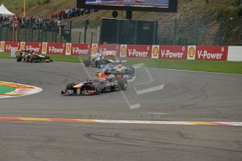 World © Octane Photographic Ltd. F1 Belgian GP - Spa-Francorchamps, Sunday 25th August 2013 - Race. Infiniti Red Bull Racing RB9 - Mark Webber and Sahara Force India VJM06 - Paul di Resta. Digital Ref : 0797lw1d0776