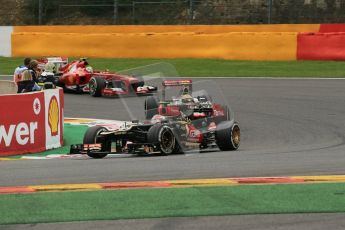 World © Octane Photographic Ltd. F1 Belgian GP - Spa-Francorchamps, Sunday 25th August 2013 - Race. Lotus F1 Team E21 - Romain Grosjean, Vodafone McLaren Mercedes MP4/28 - Sergio Perez and Scuderia Ferrari F138 - Felipe Massa. Digital Ref : 0797lw1d0852